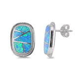 18mm Long Rectangle Solid Sterling Silver Blue Fiery Australian Opal Lab Crated Opal Stud Post Earrings Gift Blue Opal Jewelry