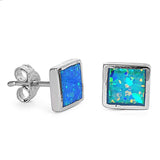 Solitaire 8mm Square Stud Post Earrings Lab Created Blue Opal Solid 925 Sterling Silver - Blue Apple Jewelry