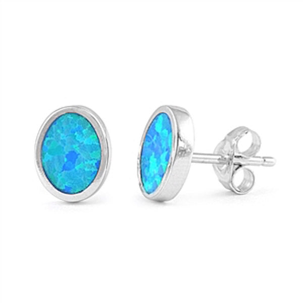 Solitaire 10mm Oval Stud Post Earrings Lab Created Blue Opal Solid 925 Sterling Silver - Blue Apple Jewelry