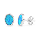 Solitaire 10mm Oval Stud Post Earrings Lab Created Blue Opal Solid 925 Sterling Silver