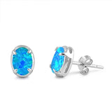 Oval Cut Blue Lab Created Opal Claw Prongs Solitaire Stud Post Earrings Solid 925 Sterling Silver