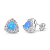 9mm Trillion Cut Blue Lab Created Australian Blue Opal Synthetic White Topaz Solid 925 Sterling Silver Triangle Halo Stud Post Earring