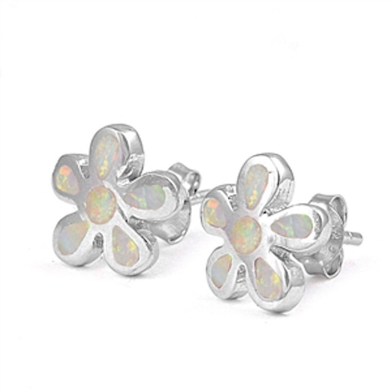 Fashion Pair of 10mm White Lab Created Opal Flower Stud Post Earrings Solid 925 Sterling Silver Flower White Opal Earring Children Gift - Blue Apple Jewelry