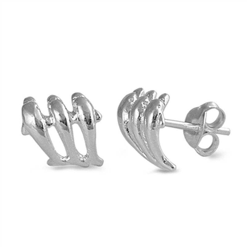 Pair of 8mm Cute Nature Inspired Three 3 Dolphin Stud Post Earrings Solid 925 Sterling Silver Dolphin Jewelry Good Luck Children Gift