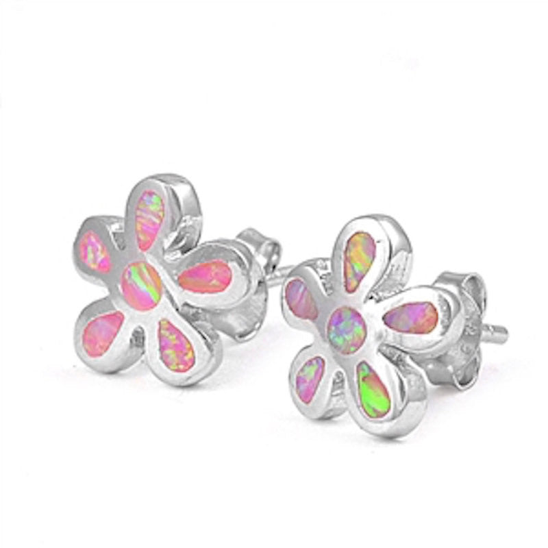 Fashion Pair of 10mm Pink Lab Created Opal Flower Stud Post Earrings Solid 925 Sterling Silver Flower Pink Opal Earring Cute Children Gift - Blue Apple Jewelry