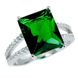 Wedding Engagement Ring 6.87 Carat Radiant Cut Emerald Green CZ Round Russian Clear CZ Cocktail Solitaire Accent Split Shank Sterling Silver