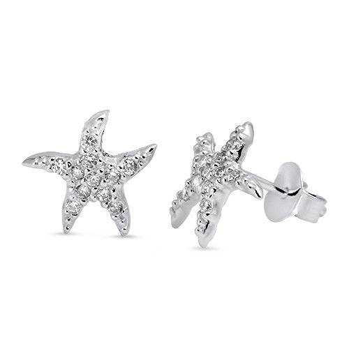 Starfish Stud Earring Ocean Nautical 10mm Solid 925 Sterling Silver Tiny Starfish Cartilage Post Earrings Round Russian Clear Pave CZ - Blue Apple Jewelry