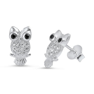 Owl Stud Post Earring Solid 925 Sterling Silver Brilliant Sparking White Sapphire CZ Black Diamond CZ Eye Owl Jewelry Good Luck Fashion Gift - Blue Apple Jewelry