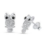 Owl Stud Post Earring Solid 925 Sterling Silver Brilliant Sparking White Sapphire CZ Black Diamond CZ Eye Owl Jewelry Good Luck Fashion Gift
