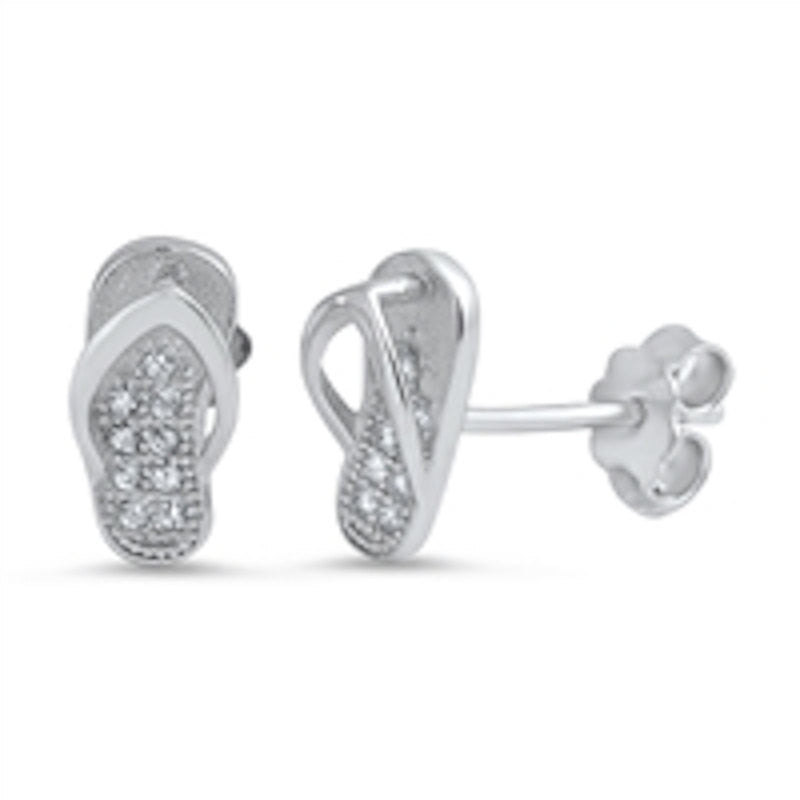 Flip Flop Stud Post Earring Solid 925 Sterling Silver Round Micro Pave Russian Diamond Clear CZ Flip Flop Earrings - Blue Apple Jewelry