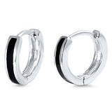 11mmx12mm Black Rubbery Inlay Hoop Huggie Simple Plain Earring Solid 925 Sterling Silver Hoop Huggies Earrings Adults Kids Gift