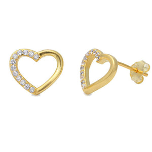 Heart Stud Post Earring Yellow Gold over Solid 925 Sterling Silver Open Heart Russian Diamond Clear CZ Earrings Valentines Love Gift - Blue Apple Jewelry