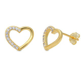 Heart Stud Post Earring Yellow Gold over Solid 925 Sterling Silver Open Heart Russian Diamond Clear CZ Earrings Valentines Love Gift