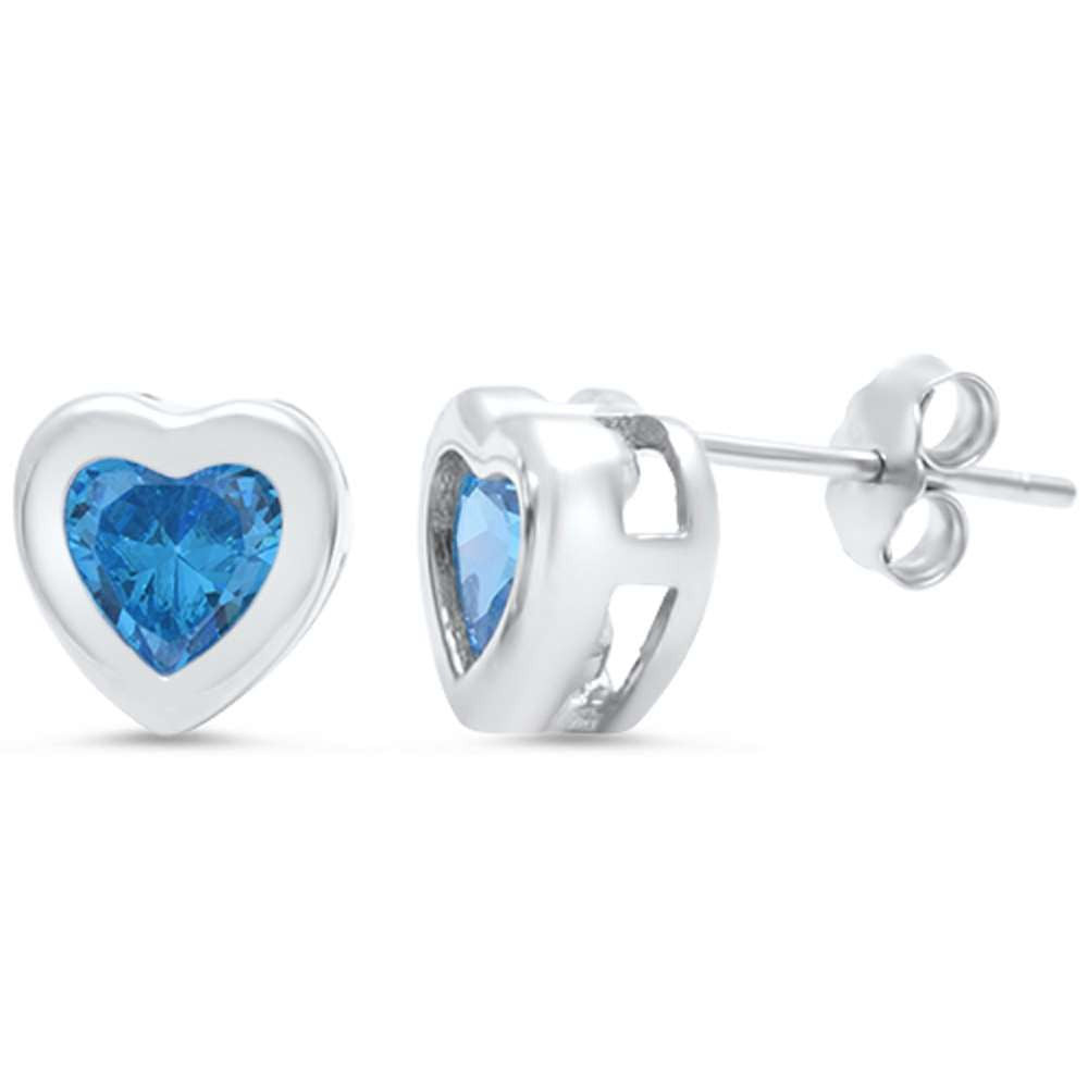Solitiare Heart Shape Stud Post Earring Solid 925 Sterling Silver Bezel Setting Heart Shape Swiss Blue Topaz CZ Blue Zircon CZ Valentines - Blue Apple Jewelry
