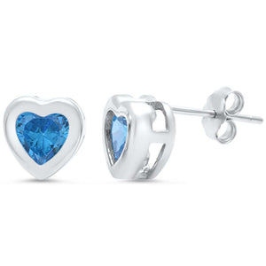 Solitiare Heart Shape Stud Post Earring Solid 925 Sterling Silver Bezel Setting Heart Shape Swiss Blue Topaz CZ Blue Zircon CZ Valentines - Blue Apple Jewelry