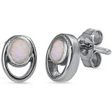 Trendy 8mm Long Oval Shape Open Cut Stud Post Earring Rhodium Solid 925 Sterling Silver Lab Created White Opal Oval Earrings Gift