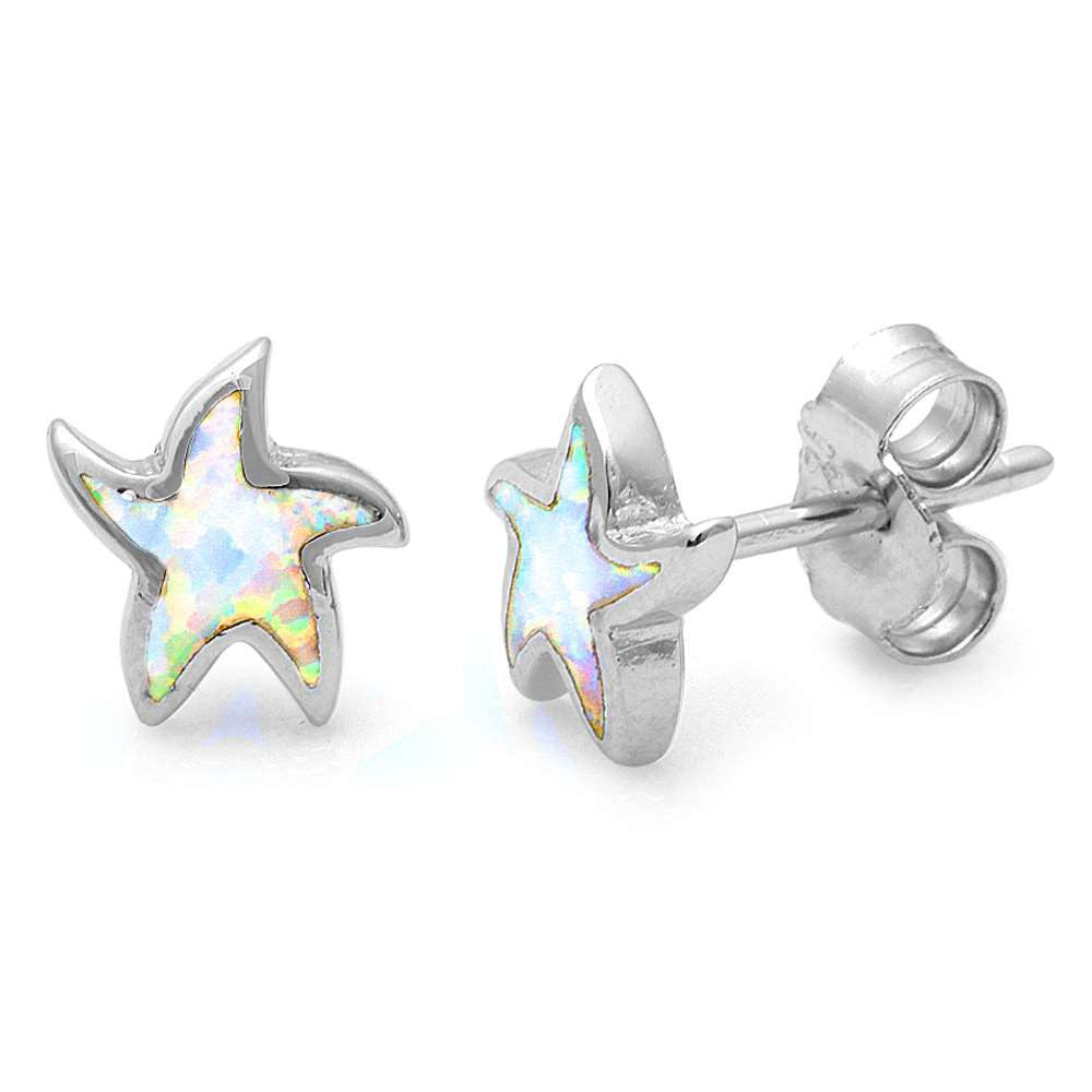 Starfish Earring Solid 925 Sterling Silver Lab Created Fire White Opal Inlay Nautical Starfish Stud Post Earrings Starfish Jewelry - Blue Apple Jewelry