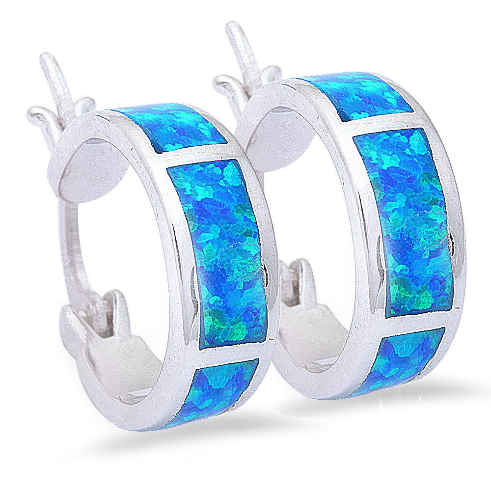 13mm Hoop Huggies Earrings Solid 925 Sterling Silver Lab Created Blue Opal Hoop Huggie - Blue Apple Jewelry