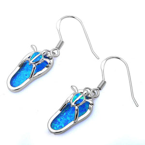 Beach Sandal Flip Flop Turtle Solid 925 Sterling Silver Lab Australian Blue Opal Inlay Dangling Drop Flip Flop Earrings Fish Hook Earrings - Blue Apple Jewelry