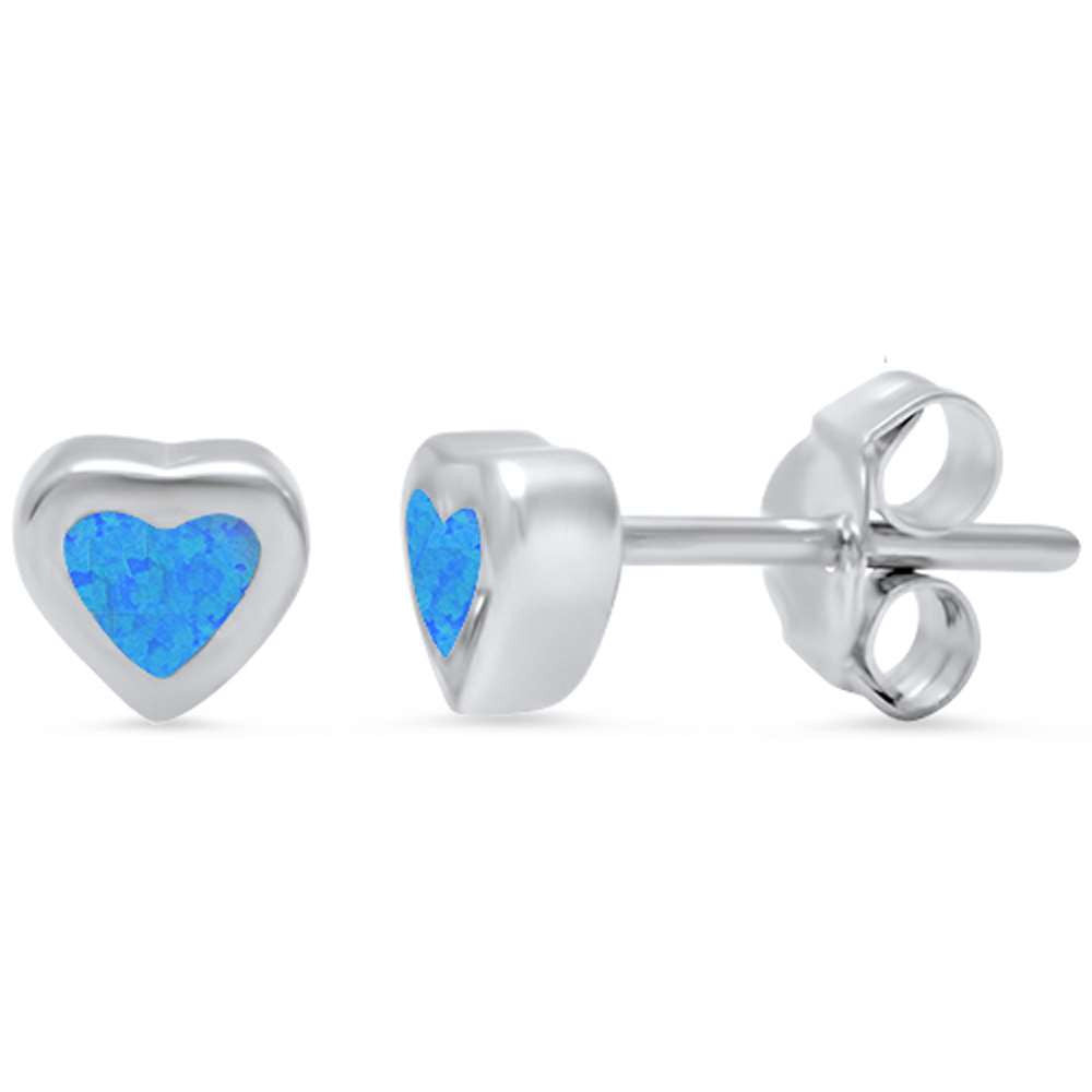 Heart Earring Solid 925 Sterling Silver 5mm Heart Shape Lab Created Blue Opal Promise Earring Valentines Love Heart Earring Gift - Blue Apple Jewelry