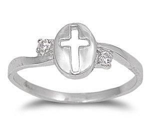 Shiny Clear CZ Sideways Religious Cross Lucky Ring Solid 925 Sterling Silver Plain Simple  Sideways Religious Cross Religious Ring Gift - Blue Apple Jewelry