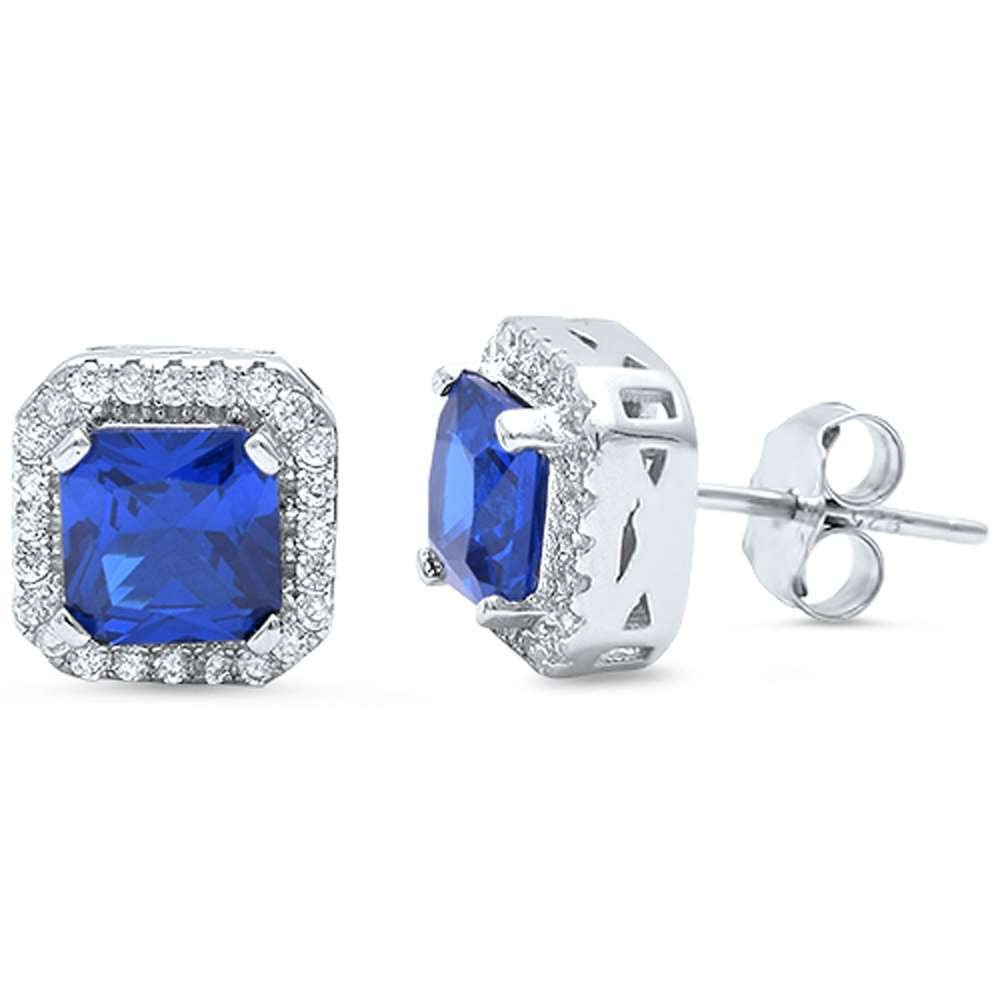 Halo Stud Post Earring Solid 925 Sterling Silver 1.28CT Princess Cut Square Tanzanite CZ Round Russian CZ Wedding Engagement Bridesmaid gift - Blue Apple Jewelry