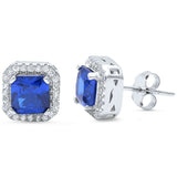 Halo Stud Post Earring Solid 925 Sterling Silver Square Tanzanite CZ Round Simulated CZ Engagement