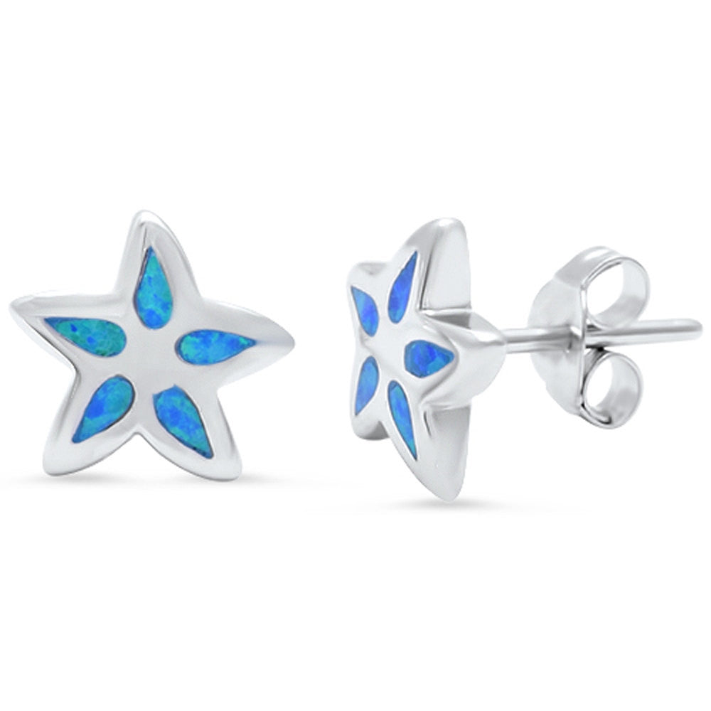 Starfish Flower Earring Solid 925 Sterling Silver Lab Created Fiery Blue Opal Inlay Nautical Starfish Stud Post Earrings Starfish Jewelry - Blue Apple Jewelry
