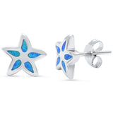 Starfish Flower Earring Solid 925 Sterling Silver Lab Created Fiery Blue Opal Inlay Nautical Starfish Stud Post Earrings Starfish Jewelry