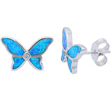 Blue Opal Butterfly Stud Post Earrings Round White Clear Diamond CZ Solid 925 Stelring Silver Cute Lab  Fire Blue Opal Butterfly Lovers Gift