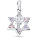 Lab Created White Opal Cross & Star Of David Jewish Star Pendant Charm Solid 925 Sterling Silver