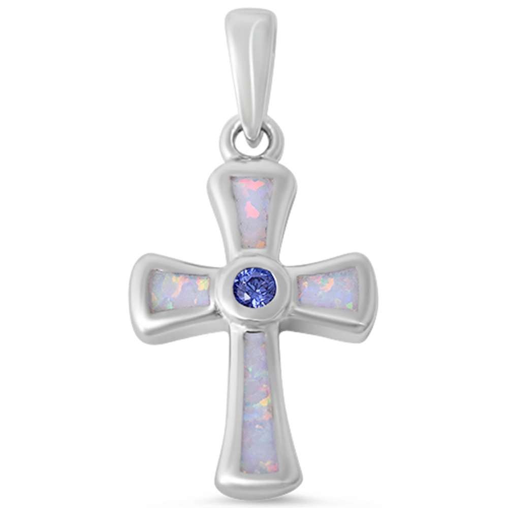 Bezel Set Round Tanzanite CZ Cross Pendant Lab Created White Opal Fire Opal Solid 925 Sterling Silver White Opal Cross Pendant Charm Gift - Blue Apple Jewelry
