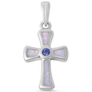 Bezel Set Round Tanzanite CZ Cross Pendant Lab Created White Opal Fire Opal Solid 925 Sterling Silver White Opal Cross Pendant Charm Gift - Blue Apple Jewelry