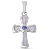 Bezel Set Round Tanzanite CZ Cross Pendant Lab Created White Opal Fire Opal Solid 925 Sterling Silver White Opal Cross Pendant Charm Gift