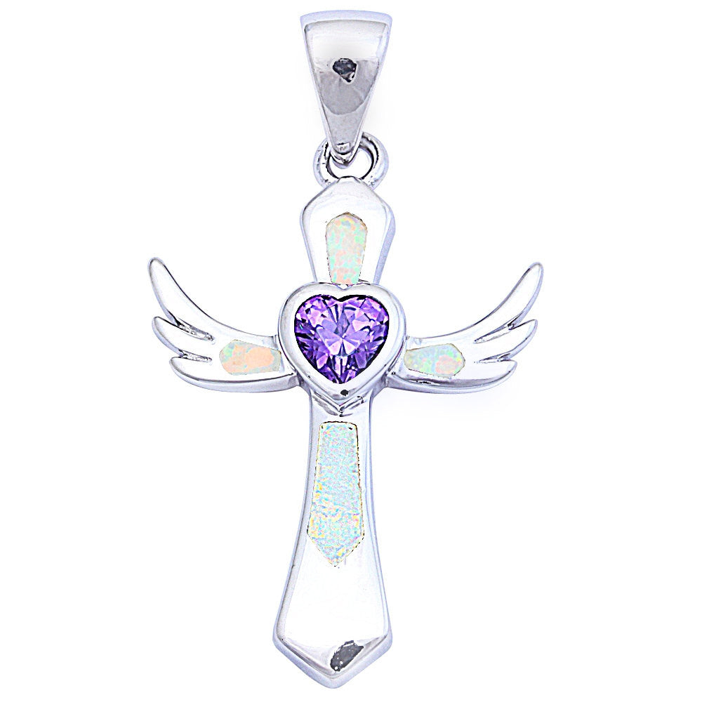 Beautiful Angel Wing Bezel Set Heart Shape Purple Amethyst Lab White Opal Cross Pendant Solid 925 Sterling Silver - Blue Apple Jewelry