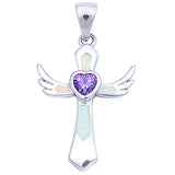 Beautiful Angel Wing Bezel Set Heart Shape Purple Amethyst Lab White Opal Cross Pendant Solid 925 Sterling Silver