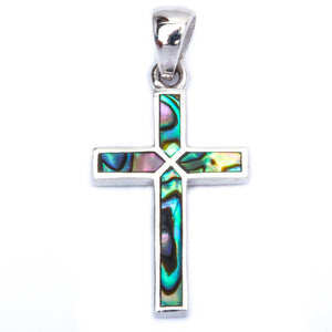 Abalone Shell Inlay Cross Pendant Solid 925 Sterling Silver Green Abalone Cross Pendant Charm Christianity Catholicism Gift - Blue Apple Jewelry