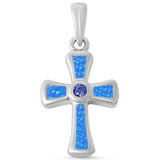 Round Tanzanite CZ Cross Pendant Lab Created Blue Opal  Solid 925 Sterling Silver