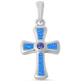 Bezel Set Round Tanzanite CZ Cross Pendant Lab Created Blue Opal Fire Opal Solid 925 Sterling Silver Blue Opal Cross Pendant Charm Gift - Blue Apple Jewelry