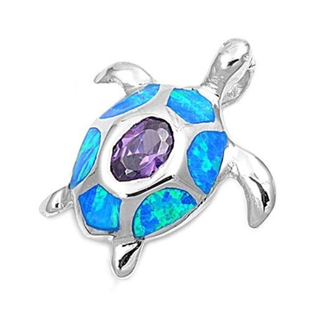 Turtle Pendant Lab Blue Opal Oval Cut Bezel Purple Amethyst Cute Solid 925 Sterling Silver Pendant Turtle Lovers Good Luck Gift Turtle Charm - Blue Apple Jewelry