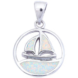 Boat Pendant Lab Created Opal 925 Sterling Silver Round Sailing Boat (23mm)