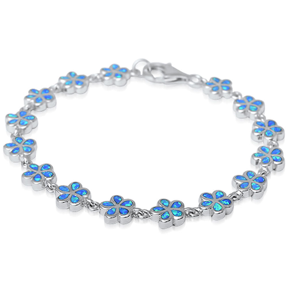 Blue Opal Plumeria Bracelet Blue Opal Solid 925 Sterling Silver 7.5" Nature Inspired Lab Blue Opal Bracelet Plumeria Flower Lovers Bracelet - Blue Apple Jewelry
