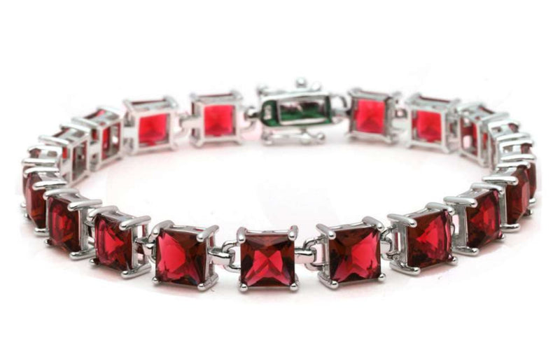 Elegant Tennis Bracelet 24 Carat Square Princess Cut Deep Red Garnet Solid 925 Sterling Silver Solitaire Wedding Engagement Tennis Bracelet - Blue Apple Jewelry