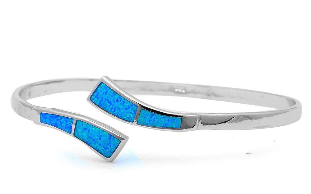 Bypass Cuff Bangle Bracelet Solid 925 Sterling Silver Lab Created Blue Opal Trendy Ladies Bangle 7.25" Gift - Blue Apple Jewelry