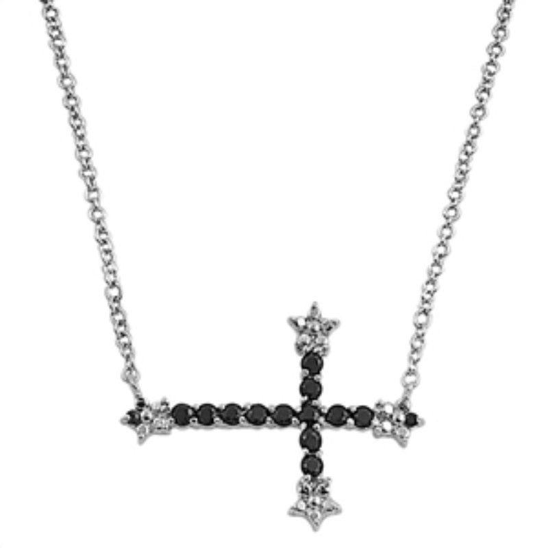 Sideways Cross Necklace Solid 925 Sterling Silver Round Jet Black Diam Blue Apple Jewelry