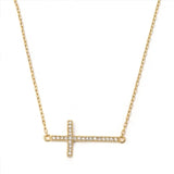 Yellow Gold Sideways Cross Necklace Round CZ  925 Sterling Silver