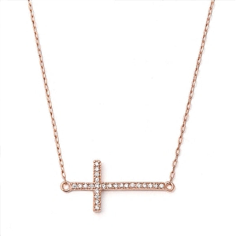 Pink Rose Gold Sideways Cross Necklace Solid 925 Sterling Silver Round Diamond CZ Clear CZ Sideways Cross Pendant Necklace Trendy Gift - Blue Apple Jewelry