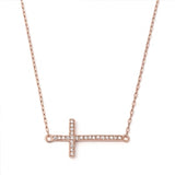 Pink Rose Gold Sideways Cross Necklace Solid 925 Sterling Silver Round CZ Sideways Cross Pendant Necklace