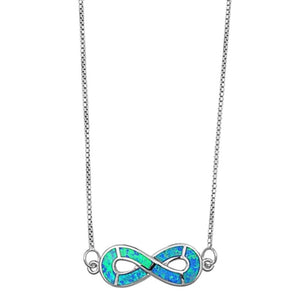 Infinity Necklace Blue Opal  Solid 925 Sterling Silver 18" Box Chain Crisscross Twisted Knot Lab Blue Opal Infinity Necklce Pendant - Blue Apple Jewelry