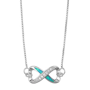 Blue Opal Infinity Heart Necklace Round CZ Solid 925 Sterling Silver 18" Box Chain Crisscross Twisted Knot Lab Blue Opal Infinity - Blue Apple Jewelry